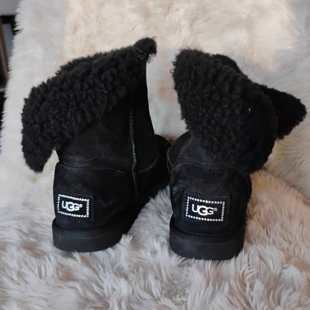 UGG Black Suede Shearling Cuff Boots with Rhinestone Logo